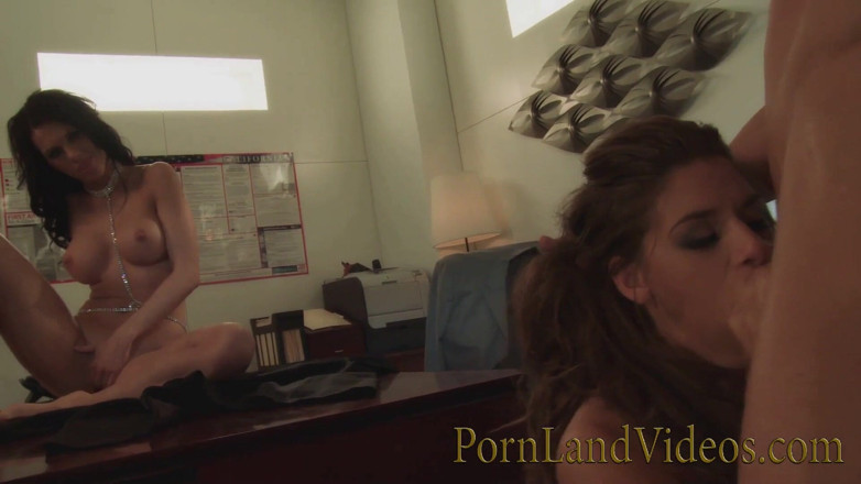 Pornland videos: Nasty brunettes share a cock in a threesome