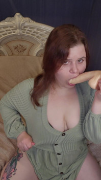 POV Blowjob with a Dildo a Chubby Redhead in a Dress