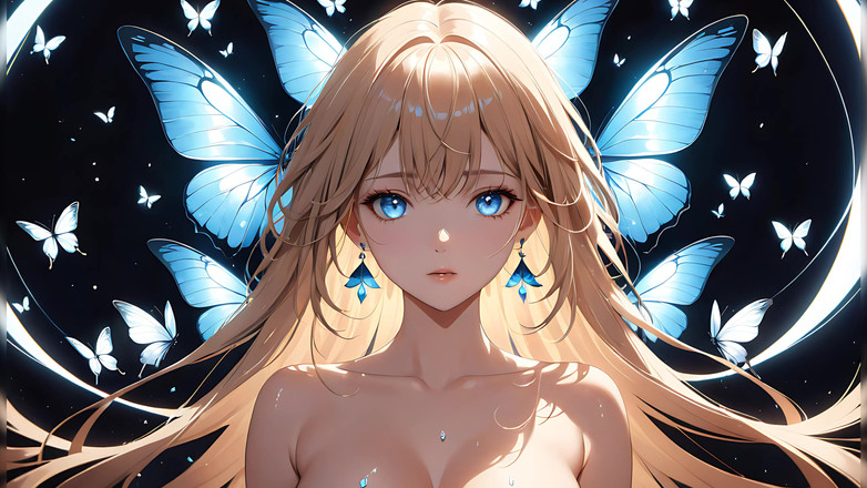 LustRender: Motýlí záře krásná mladá žena s zářícími křídly kolem ní