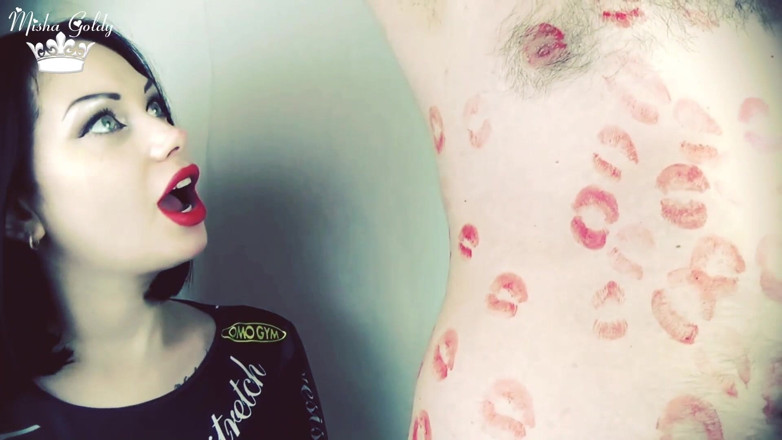 Goddess Misha Goldy: Covering Alex belly, chest and navel with red lipstick kisses!!
