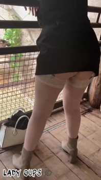Slut in Public Visits Butt Plug Micro Skirt and Garter Belt