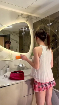 Hottest Brunette Babe Beautiful Girl in the Bathroom Loves to Show off Her Pussy and Cute Butt Under Miniskirt