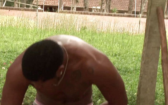 Male Dream: Clean cut muscle ebony dude masturbates outdoor