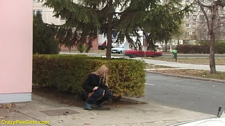 Crazy pee girls: Beauty pissing on street behind bushes