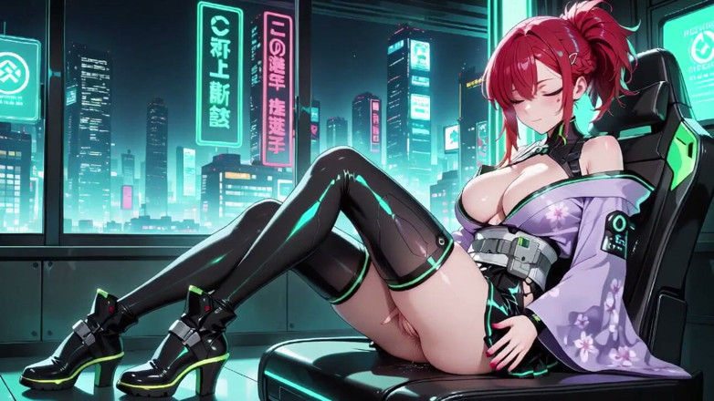 Tay Swift X: Pelirroja en una cabina cyberpunk! Yukata medio sin abrocha, Lounging...