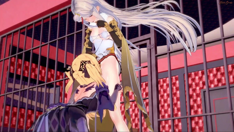 Hentai Smash: Fischl eats Ningguang's ass, then fucks her with a strapon...