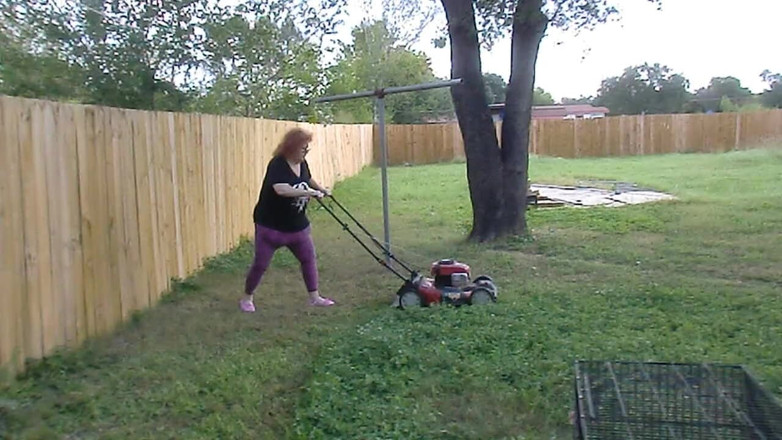 BBW nurse Vicki adventures with friends: Nurse Vicki Mowing Grass dressed then topless