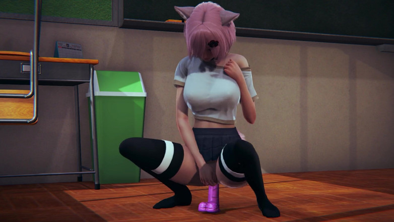 Waifu club 3D: 핑크 딜도로 자위하는 Neko 여대생