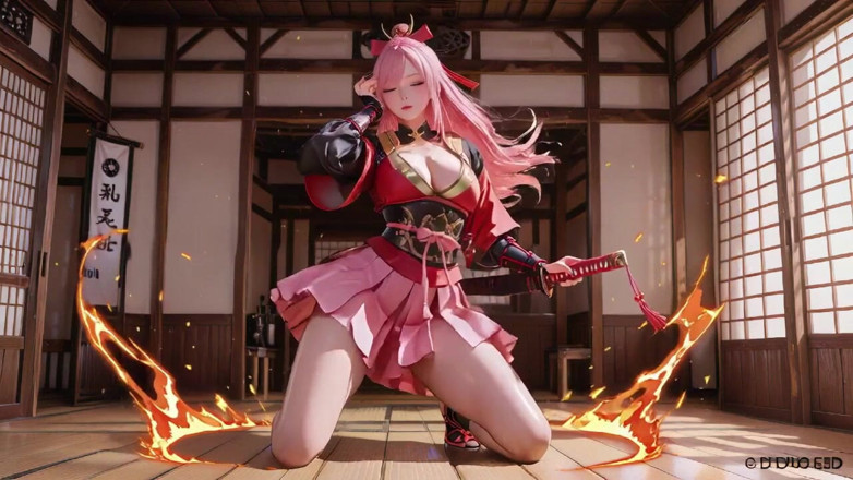 Seraphina Vale: Crimson Samurai! Rozeharige krijger knielend op Tartmi, kimono met hoog...