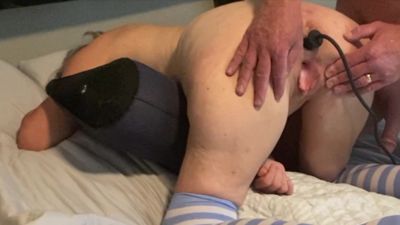 Squirting Senior: Big Ass Mature Wife Bent Over Inflatable Butt Plug Inserted