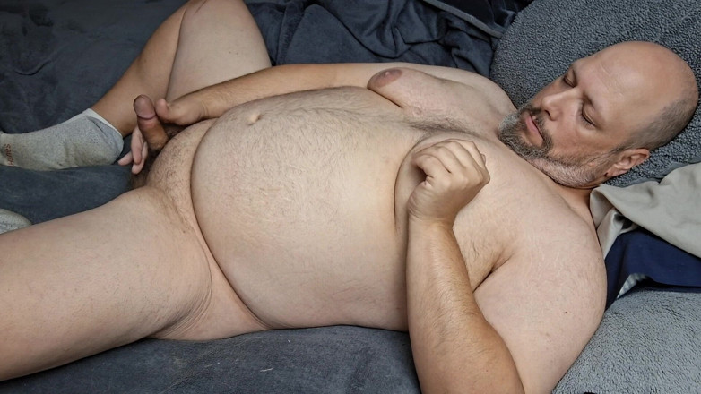 Printsofallsayings: Chubby Guy Lays in Bed and Cums