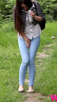 Skinny Brunette Full Bladder Pee Desperation and Pushing Her Pussy to Stop Her Pee in the Forest