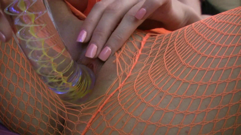 Hand Lotion Studios: Brunette slut plays with glass dildo