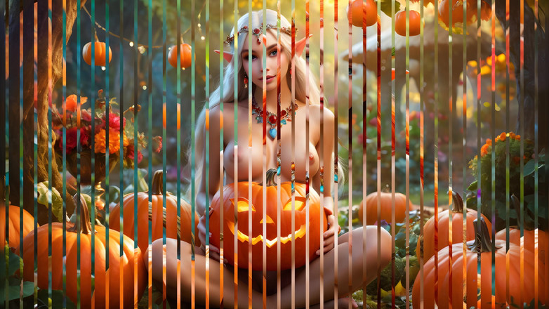 LustRender: Vollbusiges nacktes elfenmädchen mit kürbis 2