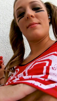 Cheerleader teen Febby Twigs cheerleader deepthroat POV blowjob and cum swallow