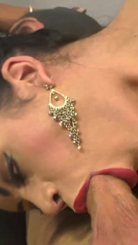 Two big cocked trannies cum in their slave's mouth