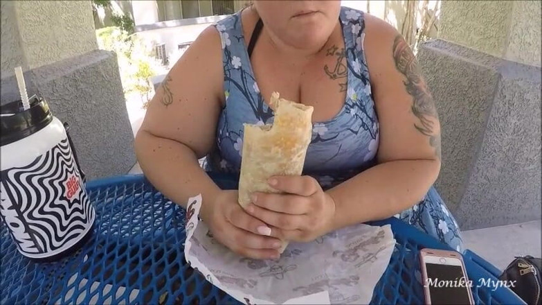 BBW Pleasures: SSBBW eats huge burrito at pool