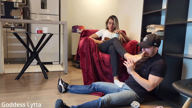 Queen Lytta ballbusting and cum lick: Goddess Lytta Demands Friend Worship Her Feet and Give a...