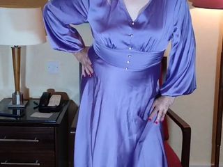 Sissy in satin: Sexy crossdresser in long vintage satin gown