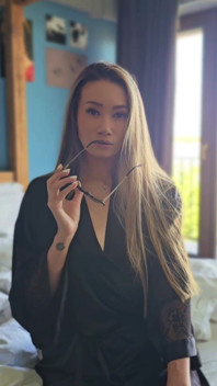 Asian MILF with Glasses in Silk Robe