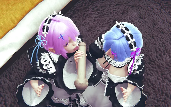 Waifu club 3D: Ram and Rem lick a big cock together