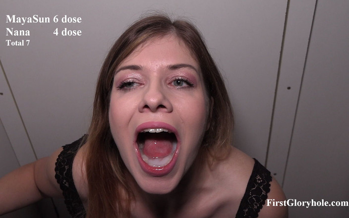 First Gloryhole: Maya Sun &amp;Nana - sväljer gloryhole, två tjejer del 1.