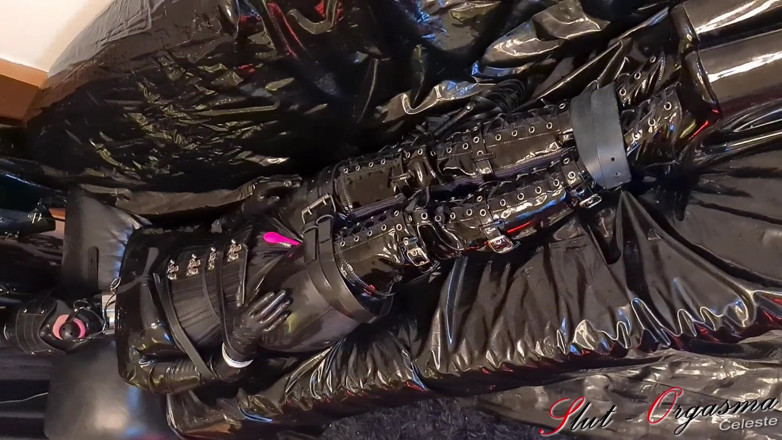 Slut Orgasma Celeste: Slave slut-orgasma Celeste bound in black latex and leather pushed...