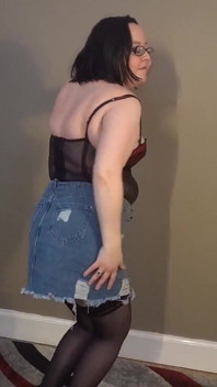 Striptease in Denim Skirt Basque Stockings and Heels