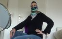 Lady Victoria Valente: Silk cloth mask and headscarf with turtleneck sweater and jeans