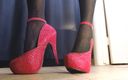 Abby Anna: Black Thigh High Stockings Gorgeous Fuchsia Gem Heels