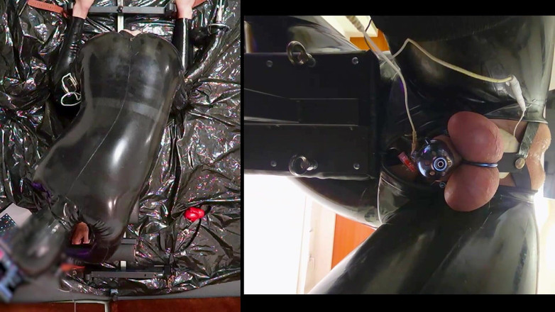 Chastitybeltboy: 穿着乳胶紧身连衣裤的Pillory，Pa贞贞，巨大的迪迪多和Estim