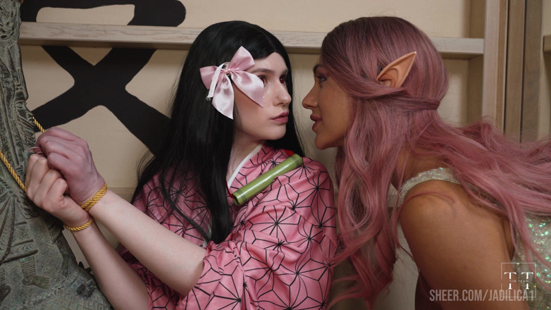 Jadilica: Cute Pixie Lesbian Playing Scissor with a Nezuko Kamado. Demon...