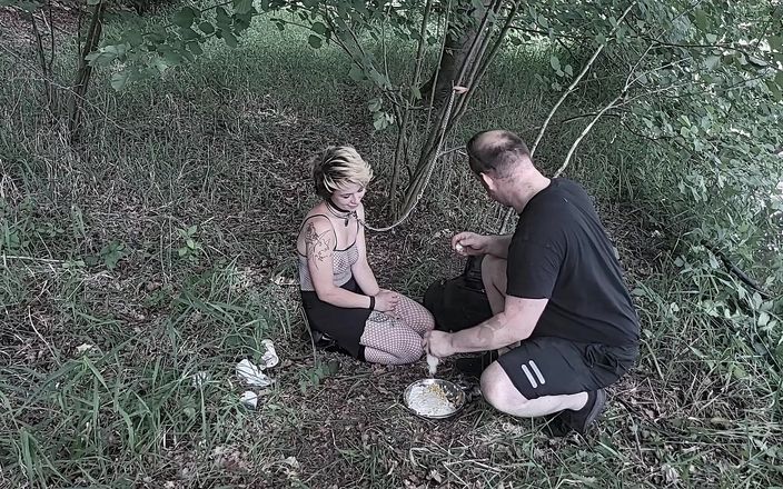 Master &amp; monster: Blonde submissive slave girl outdoor training - disgusting feeding experience