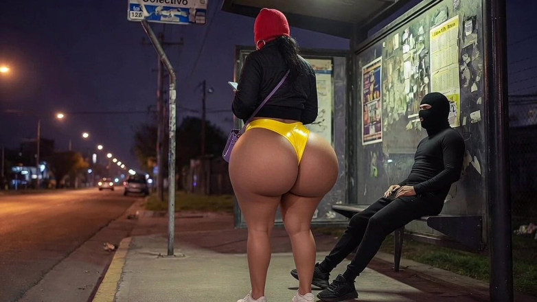 Animate golden: Big Ass Girl in Leather Pants at Bus Stop Ends...