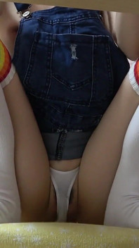 No Bra Denim Overalls Mini Skirt and White Micro Thong Wedgie Crotch, Perfect Body Big Tits Japanese Girl Seduce