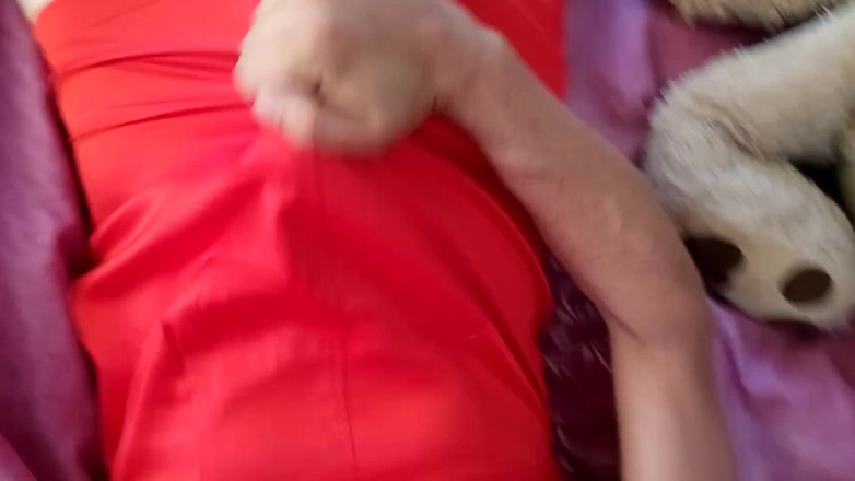 Leatransteen: Cum in red satin