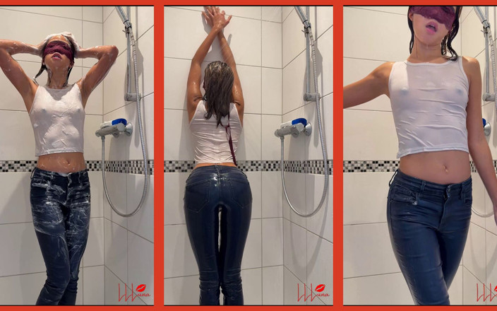 LittleLewdLuna: Clothed Shower: Skinny Asian Wet Look in Wet Jeans &amp; Wet...