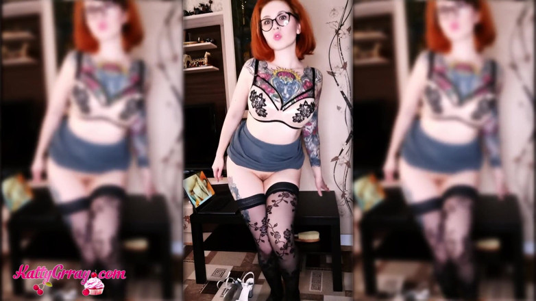 Katty Grray: Horny teacher in stockings sucks dildo and spanks herself in...