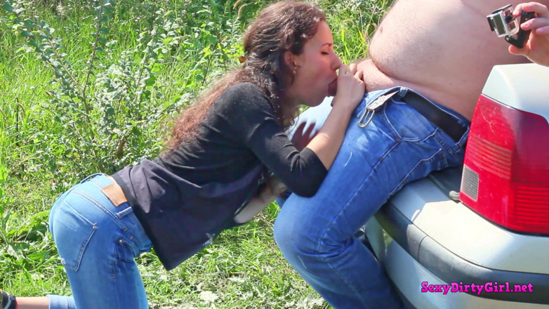 Sexy Dirty Girl: I kneel on the grass and suck his cock outdoor