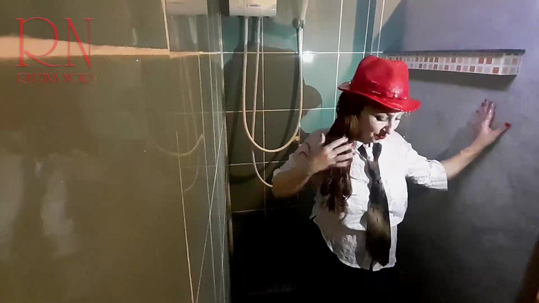 Regina Noir: A chick in clothes under the shower. Wet panties, wet...