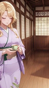 Blonde in Lavender! Kneeling Barefoot Under the Red Torii Gate, Her Andouf Fluttering in the Breeze