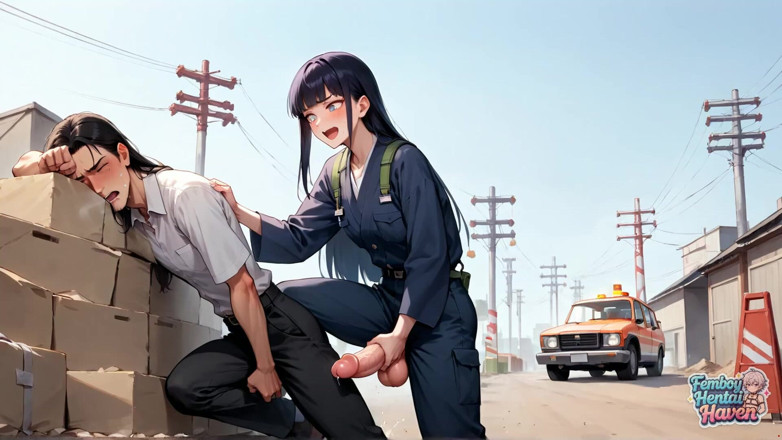 Femboy Hentai Haven: Fiery Femboy Fucks Squirting Bikini Babe in Industrial Street Sex -...