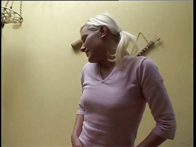 Blonde teen wearing nylon shaving her pussy while two guys jerking on her--Lucky Wankerz