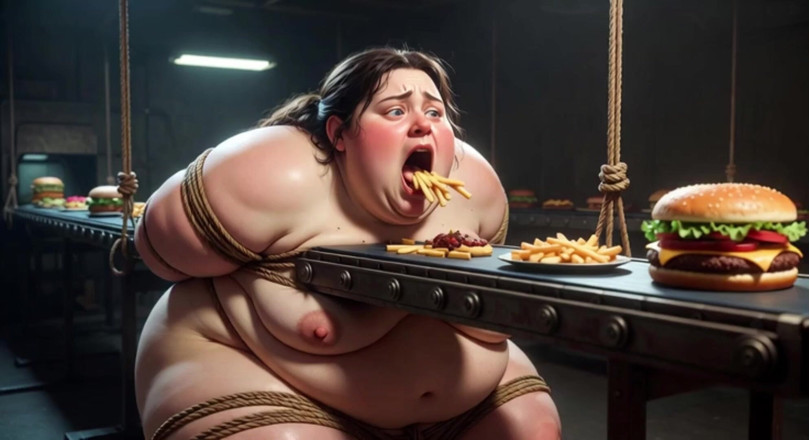 YOUR BEST FANTASY: Tied up SSBBW Eats Massive Meal While Kneeling - Belly Stuffing