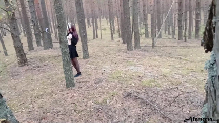 Afemeria: Masked brunette caught in the woods and sucking cock
