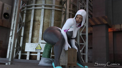 Sassy comics: Gwen Stacy, do homem-aranha, cavalga enorme consolo verde estilo goblin