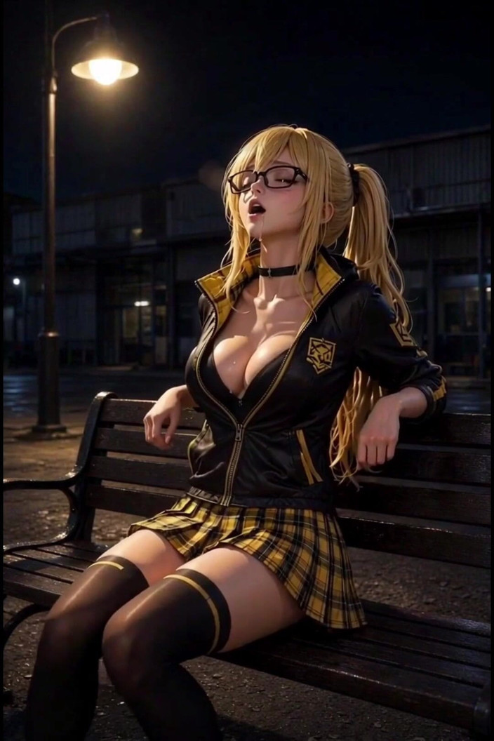 Wertstofsamler: Anime Gaming Cosplay Blonde on Bench Behind Fairgrounds