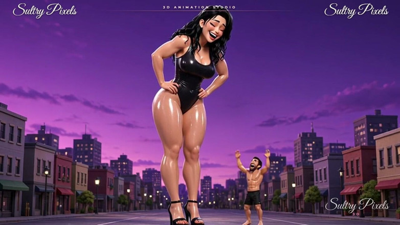 Sultry Pixels 3D: Naoliwiona gigantka w wysokich obcasach góruje nad małym mężczyzną - gigantyczna...