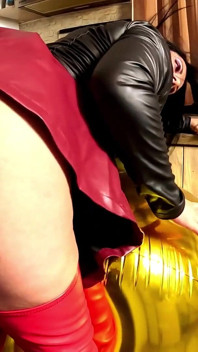 Shiny Inflatable Balloon Fetish. Leather Smoking, Spitting and Double Cum Licking