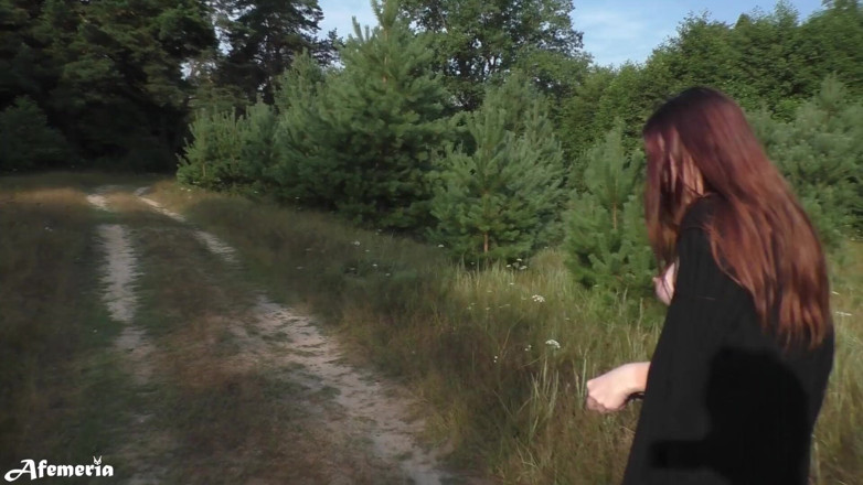 Afemeria: Lustful brunette undresses in the woods and walks naked